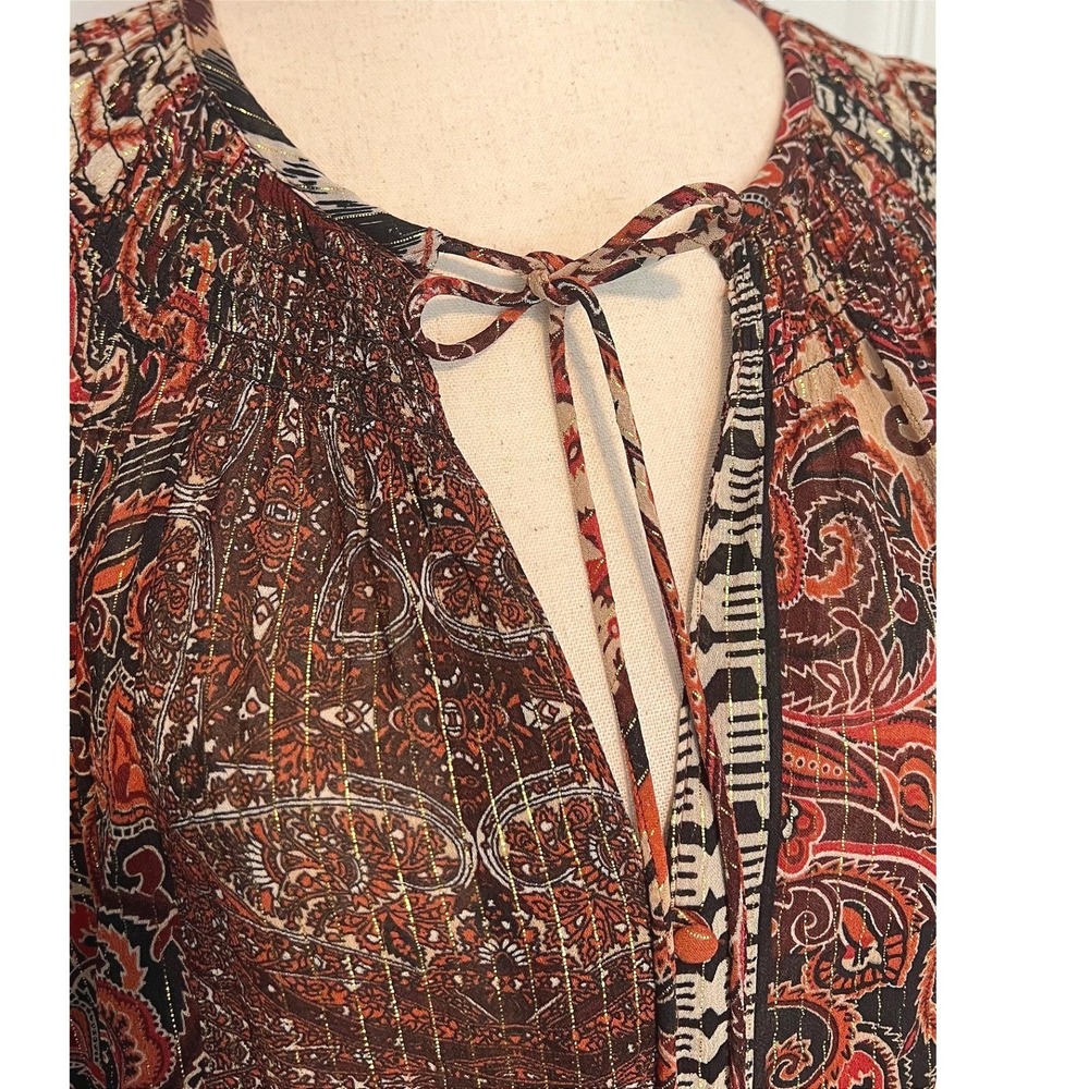 Zara Women L Tie Neck Peasant Blouse Paisley Patchwork Top Burgundy Gold Boho - Picture 4 of 11